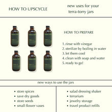 Load image into Gallery viewer, Coriander Seed Omega Body Oil bottles with instructions for upcycling and new uses for jars.
