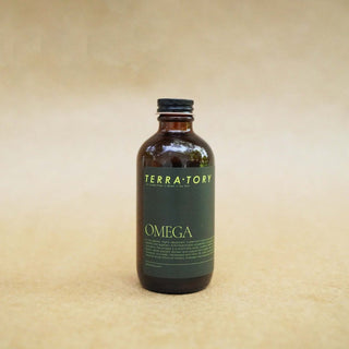 Coriander Seed Omega Body Oil in a brown glass bottle, showcasing its nourishing ingredients and non-greasy formula.